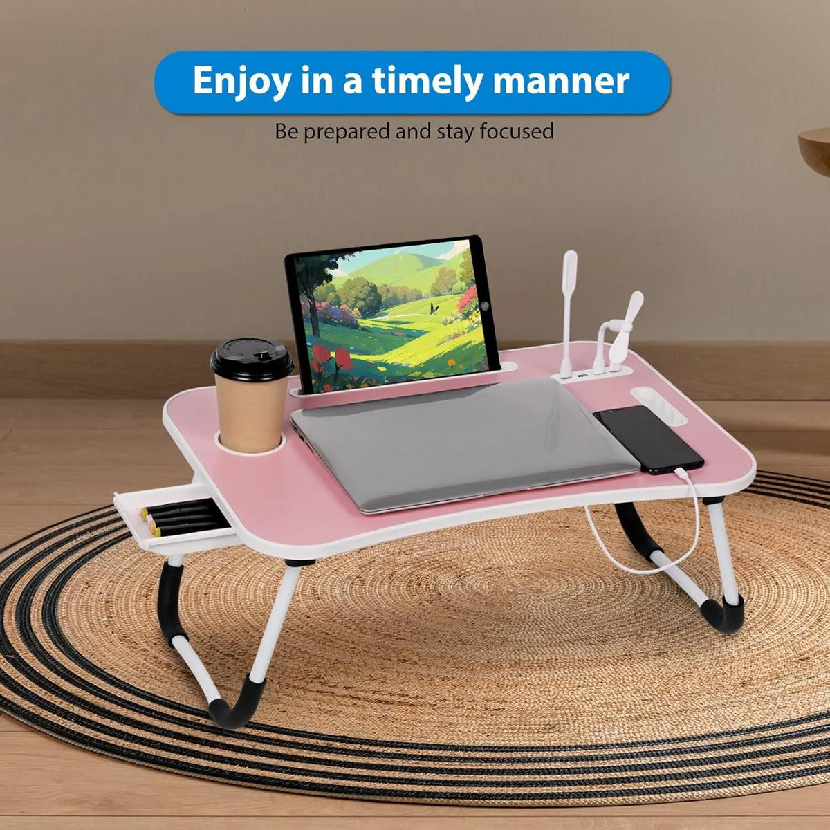Folding Lap Desk 23.6" Multi Functional Study Furniture - Adjustable Height, 4 USB Charging Ports, Cup Holder, Drawer, Nonslip Slots, Carry Handle for Home, Office Use