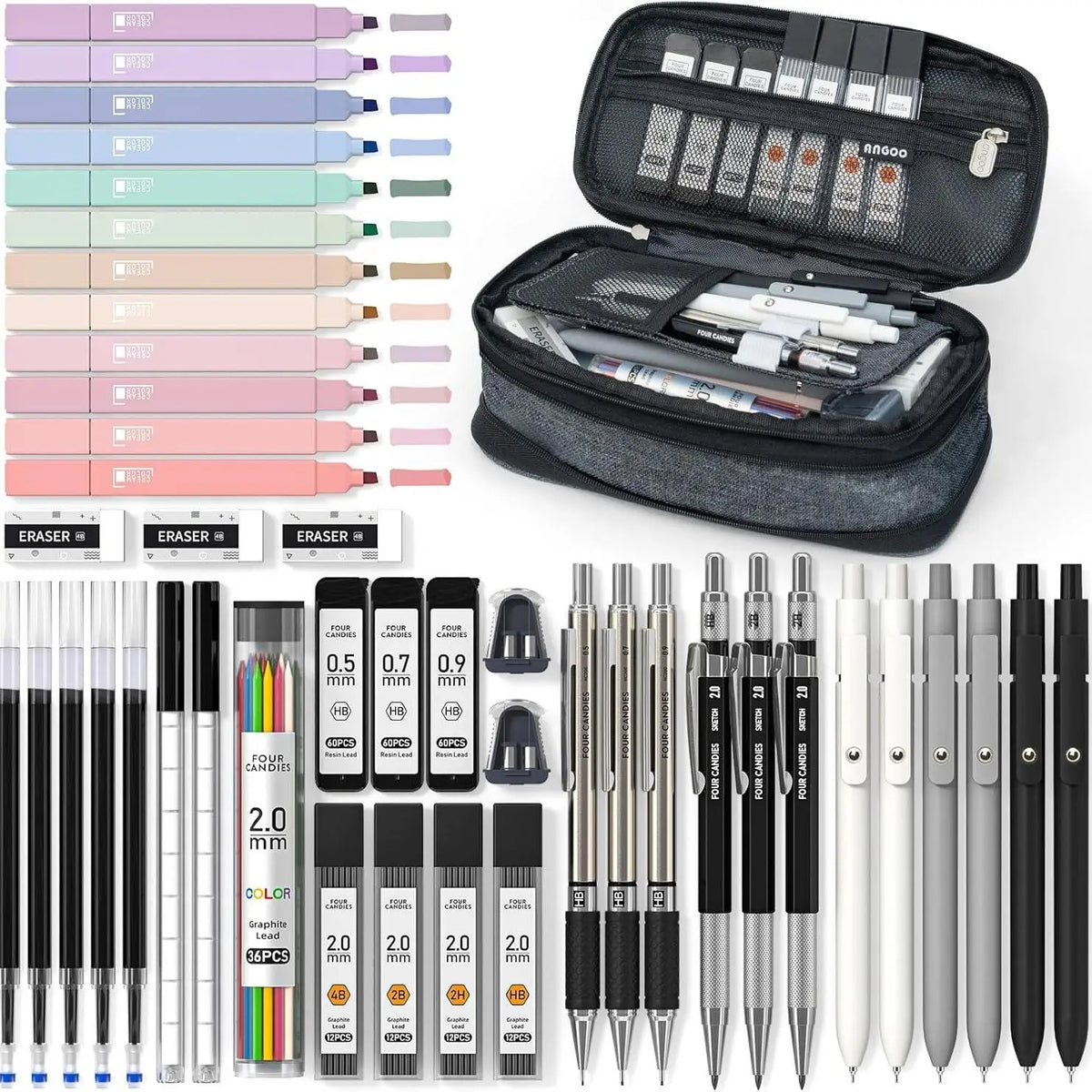 【Back to School Supplies】Four Candies 25PCS Art Mechanical Pencil Set with Case, 3PCS Metal Artist Lead Drafting Pencils 0.5, 0.7, 0.9 Mm & 3PCS 2Mm Holder (HB 2H 2B 4B Color) with 432PCS Graphite Lead Refills for Drawing Sketching Office School Supplies
