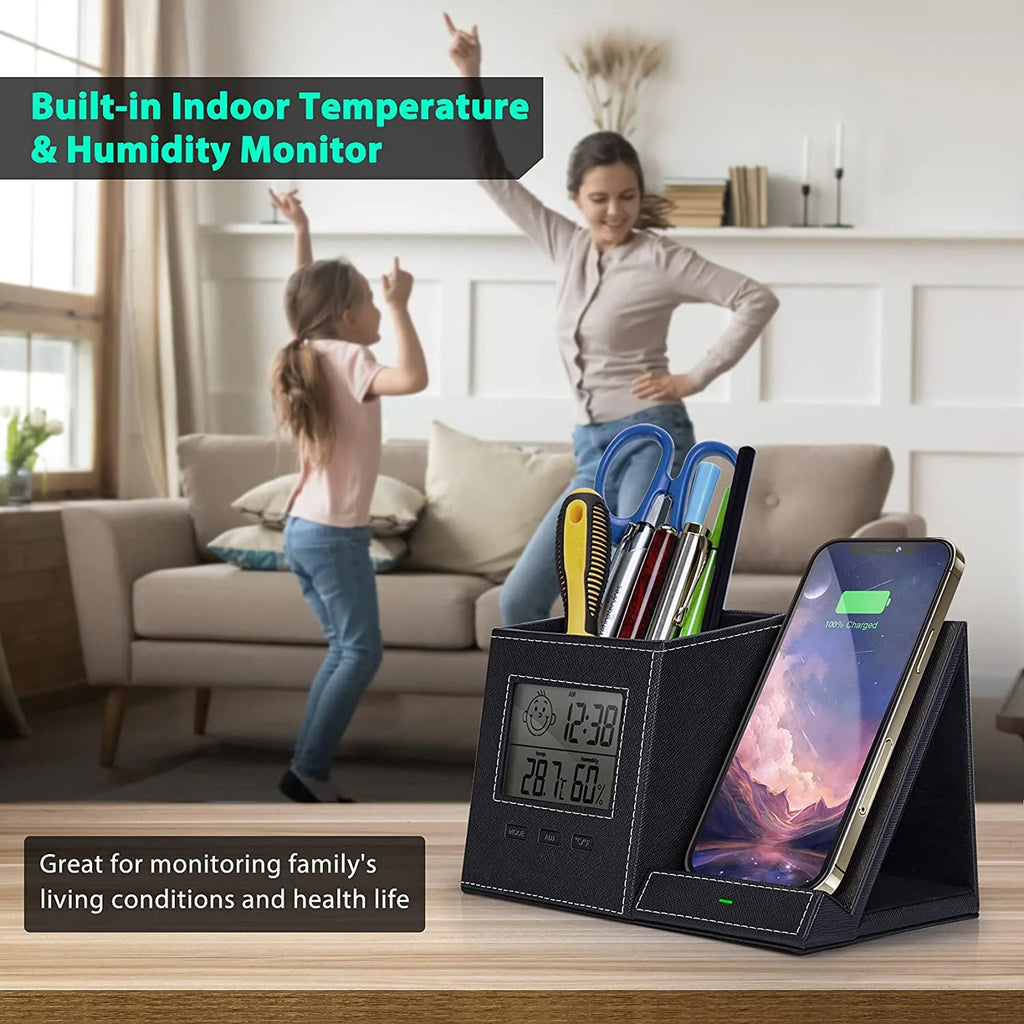 Desk Organizer with Wireless Charging for Iphone, PU Leather with Pencil Holder for Desk & Nightstand, 1 Pack