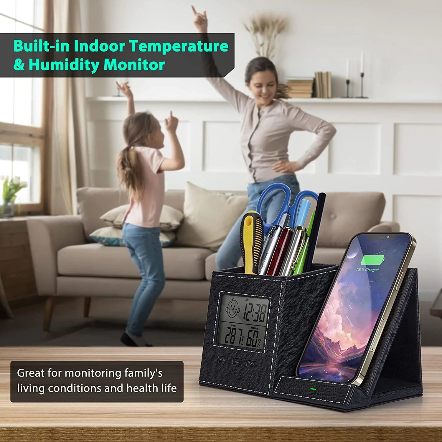 Desk Organizer with Wireless Charging for Iphone, PU Leather with Pencil Holder for Desk & Nightstand, 1 Pack