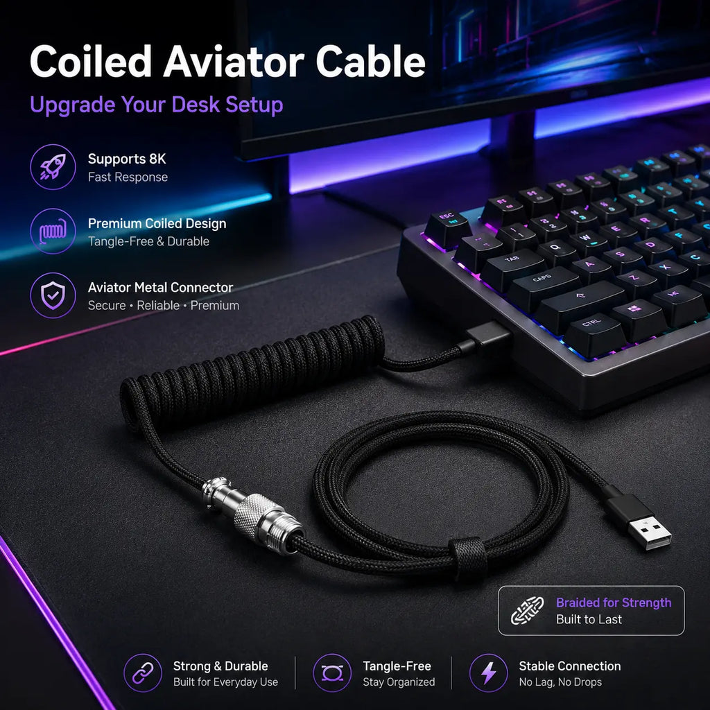 USB-C Gaming Cable High Speed，Usb-C Cable for Gaming Keyboard Coiled Aviator Cable for Mechanical Keyboard, USB-C Detachable Braided Cable, 8K Fast Response for Gaming Desk Setup
