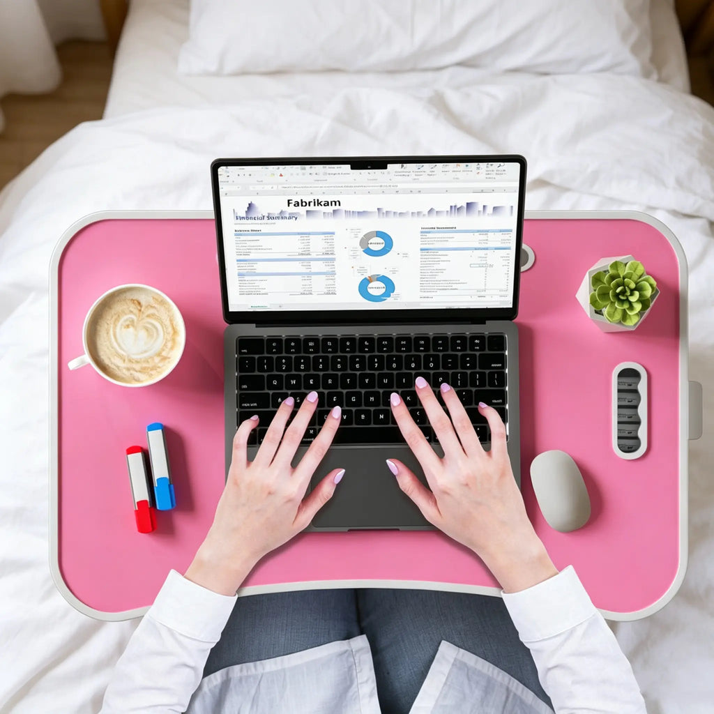 Folding Lap Desk 23.6" Multi Functional Study Furniture - Adjustable Height, 4 USB Charging Ports, Cup Holder, Drawer, Nonslip Slots, Carry Handle for Home, Office Use