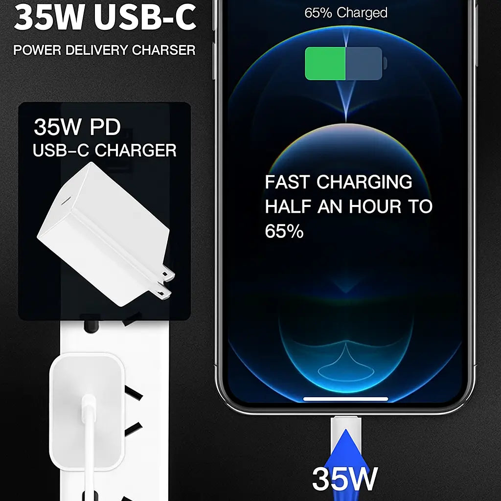 2-Pack 35W USB Type-C Smart Wall Charger Set with 30W PD Cable - Portable Plug Adapter for Iphone 15/16/17, Macbook, Ipad, Mobile Cellphone, Galaxy, Android Tablet - Fast Charging, Protection, Stable Connection