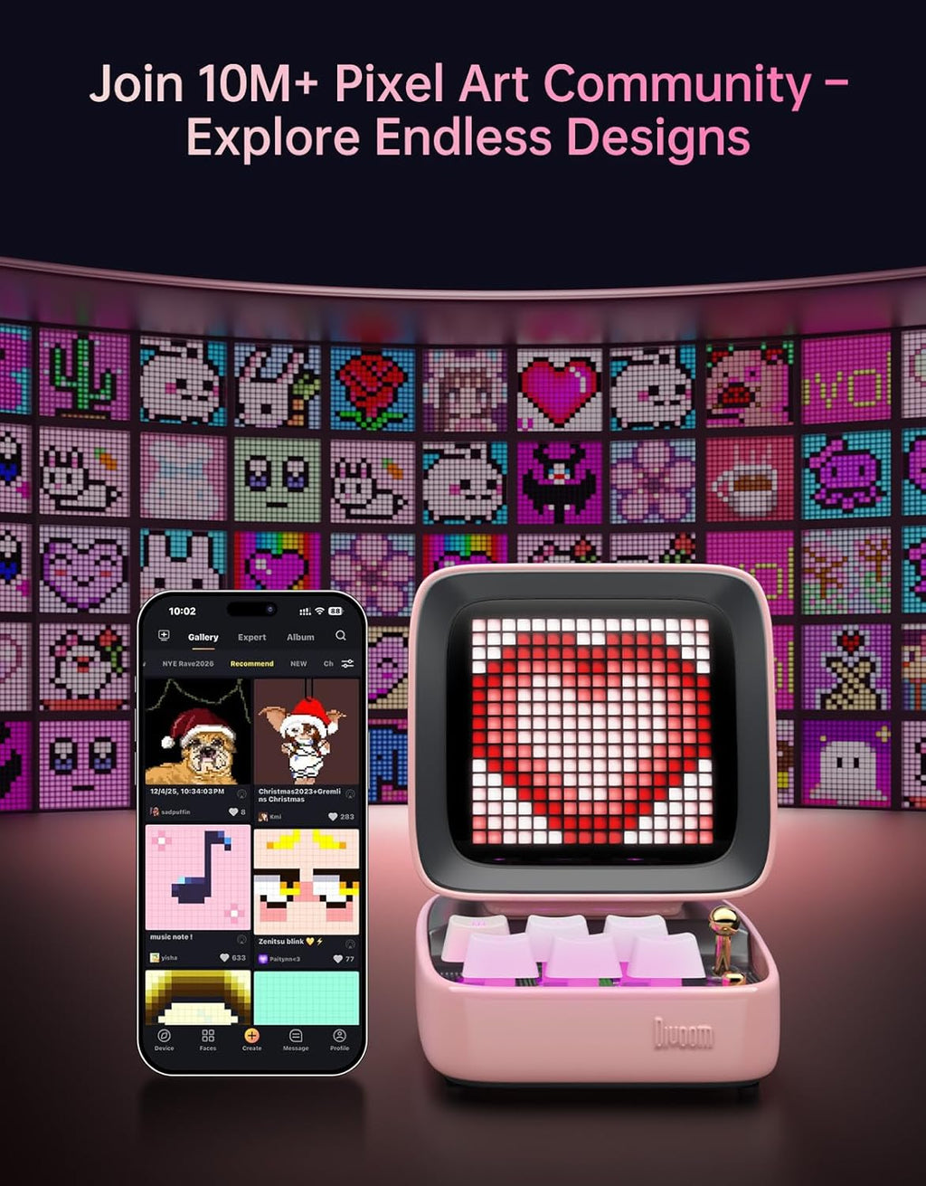 Ditoo Retro Pixel Art Game Bluetooth Speaker with 16X16 LED App Controlled Front Screen (Pink)