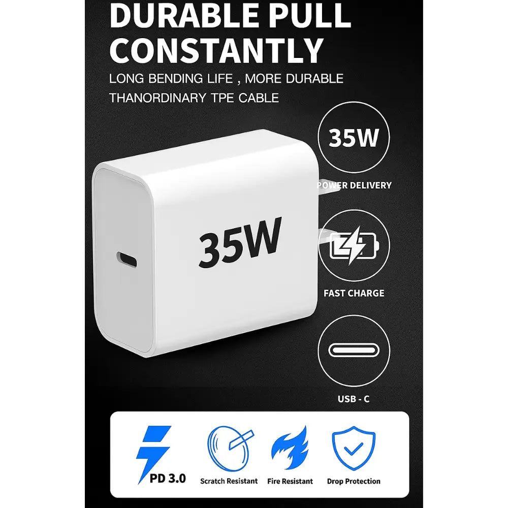 2-Pack 35W USB Type-C Smart Wall Charger Set with 30W PD Cable - Portable Plug Adapter for Iphone 15/16/17, Macbook, Ipad, Mobile Cellphone, Galaxy, Android Tablet - Fast Charging, Protection, Stable Connection