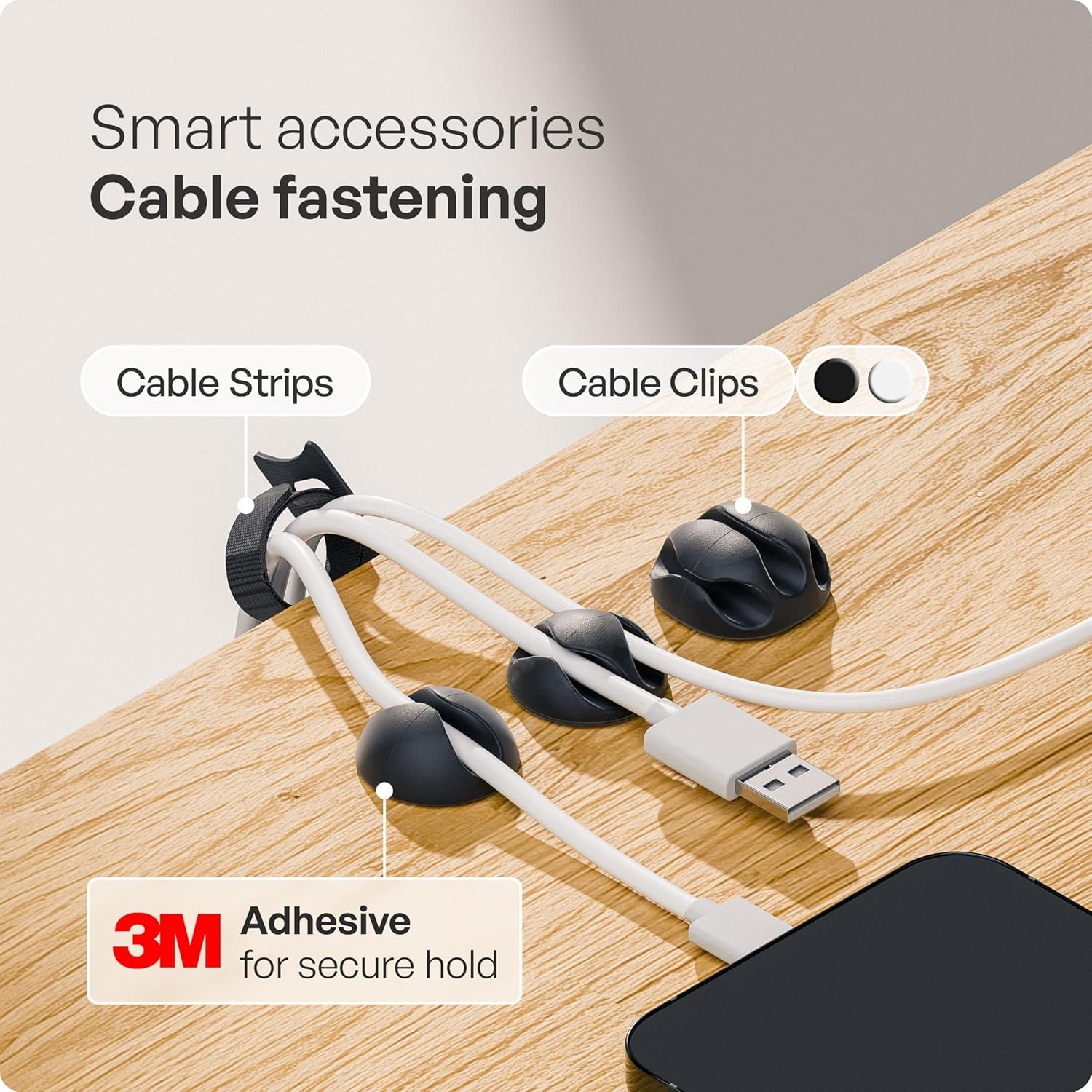 Cable Management under Desk, Set of 3 - Black | Easy Under-Table Mounting Keeps Cables Organized, Includes 10 Cable Ties for a Clean and Tidy Office or Home Workspace.