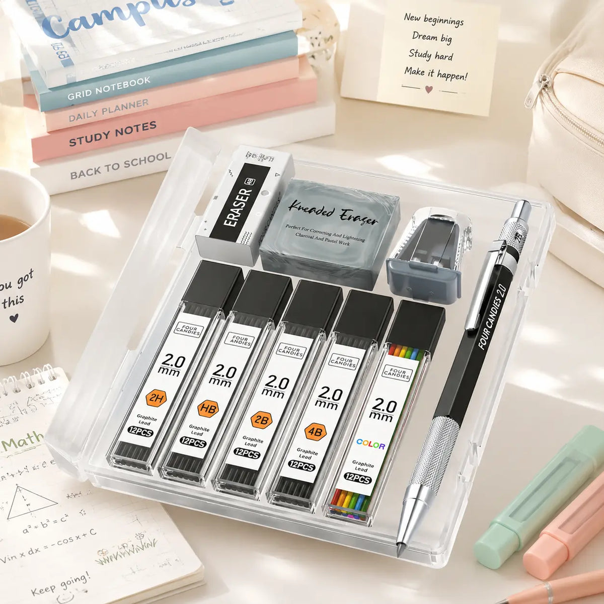 【Back to School Supplies】Four Candies 25PCS Art Mechanical Pencil Set with Case, 3PCS Metal Artist Lead Drafting Pencils 0.5, 0.7, 0.9 Mm & 3PCS 2Mm Holder (HB 2H 2B 4B Color) with 432PCS Graphite Lead Refills for Drawing Sketching Office School Supplies