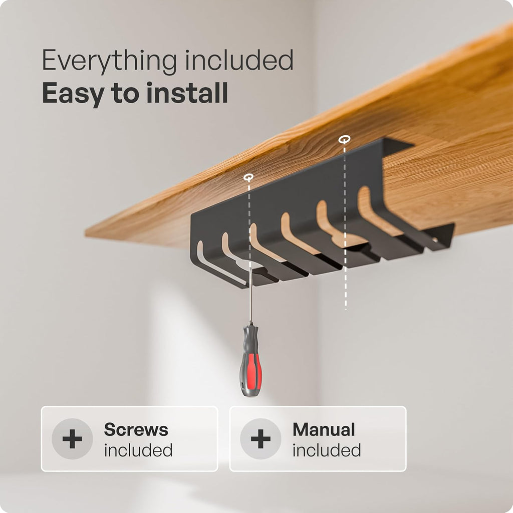 Cable Management under Desk, Set of 3 - Black | Easy Under-Table Mounting Keeps Cables Organized, Includes 10 Cable Ties for a Clean and Tidy Office or Home Workspace.