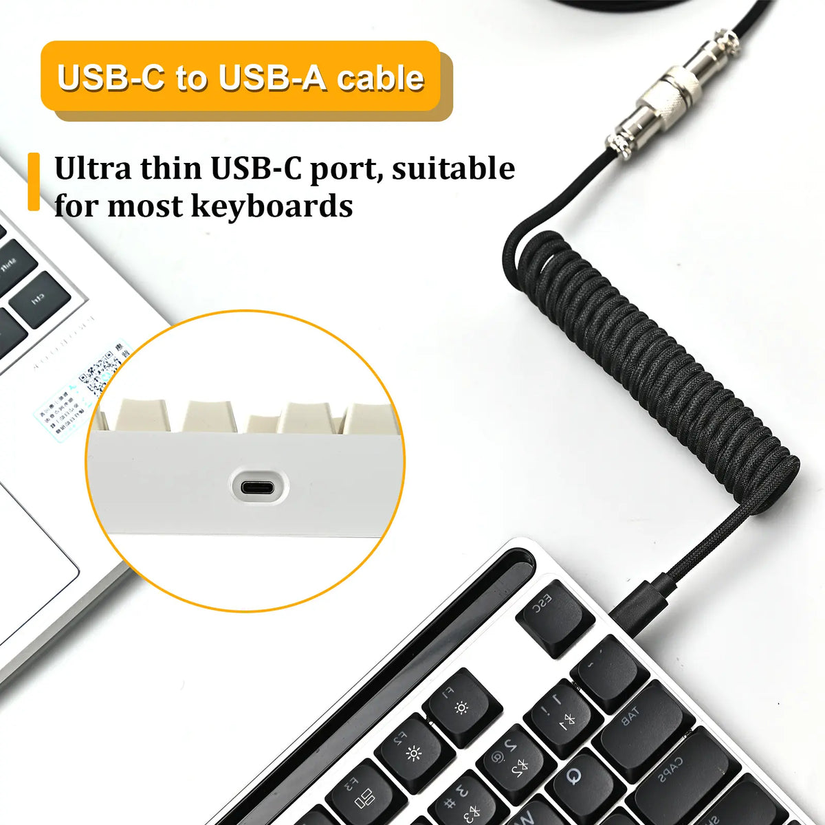 USB-C Gaming Cable High Speed，Usb-C Cable for Gaming Keyboard Coiled Aviator Cable for Mechanical Keyboard, USB-C Detachable Braided Cable, 8K Fast Response for Gaming Desk Setup