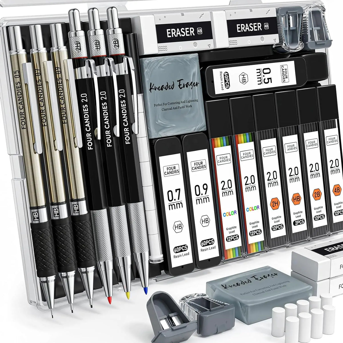 【Back to School Supplies】Four Candies 25PCS Art Mechanical Pencil Set with Case, 3PCS Metal Artist Lead Drafting Pencils 0.5, 0.7, 0.9 Mm & 3PCS 2Mm Holder (HB 2H 2B 4B Color) with 432PCS Graphite Lead Refills for Drawing Sketching Office School Supplies