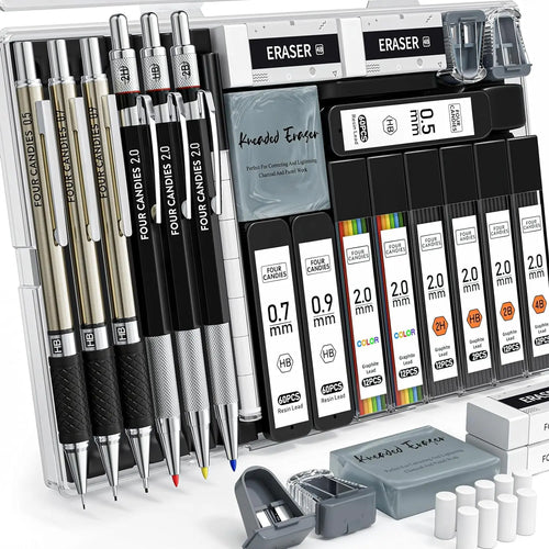 【Back to School Supplies】Four Candies 25PCS Art Mechanical Pencil Set with Case, 3PCS Metal Artist Lead Drafting Pencils 0.5, 0.7, 0.9 Mm & 3PCS 2Mm Holder (HB 2H 2B 4B Color) with 432PCS Graphite Lead Refills for Drawing Sketching Office School Supplies