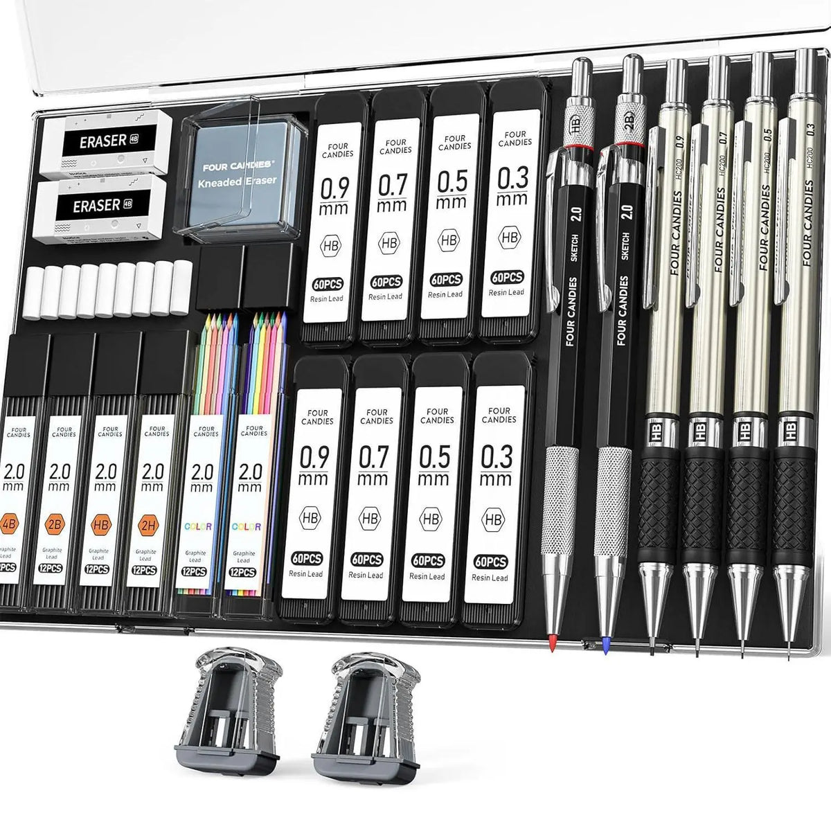 【Back to School Supplies】Four Candies 25PCS Art Mechanical Pencil Set with Case, 3PCS Metal Artist Lead Drafting Pencils 0.5, 0.7, 0.9 Mm & 3PCS 2Mm Holder (HB 2H 2B 4B Color) with 432PCS Graphite Lead Refills for Drawing Sketching Office School Supplies