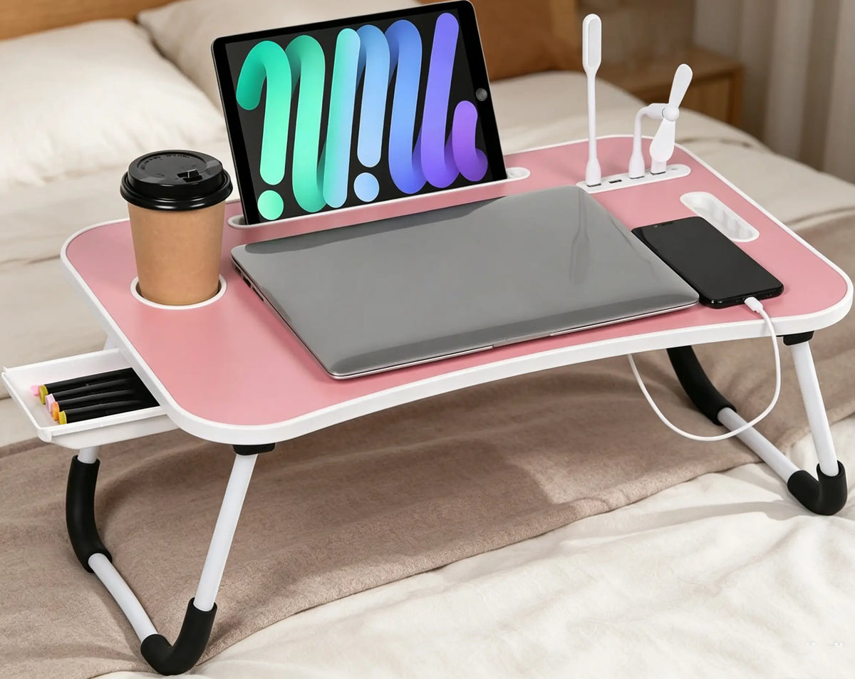 Folding Lap Desk 23.6" Multi Functional Study Furniture - Adjustable Height, 4 USB Charging Ports, Cup Holder, Drawer, Nonslip Slots, Carry Handle for Home, Office Use