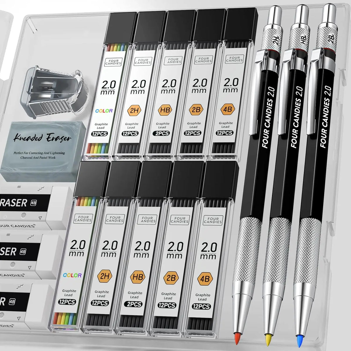 【Back to School Supplies】Four Candies 25PCS Art Mechanical Pencil Set with Case, 3PCS Metal Artist Lead Drafting Pencils 0.5, 0.7, 0.9 Mm & 3PCS 2Mm Holder (HB 2H 2B 4B Color) with 432PCS Graphite Lead Refills for Drawing Sketching Office School Supplies