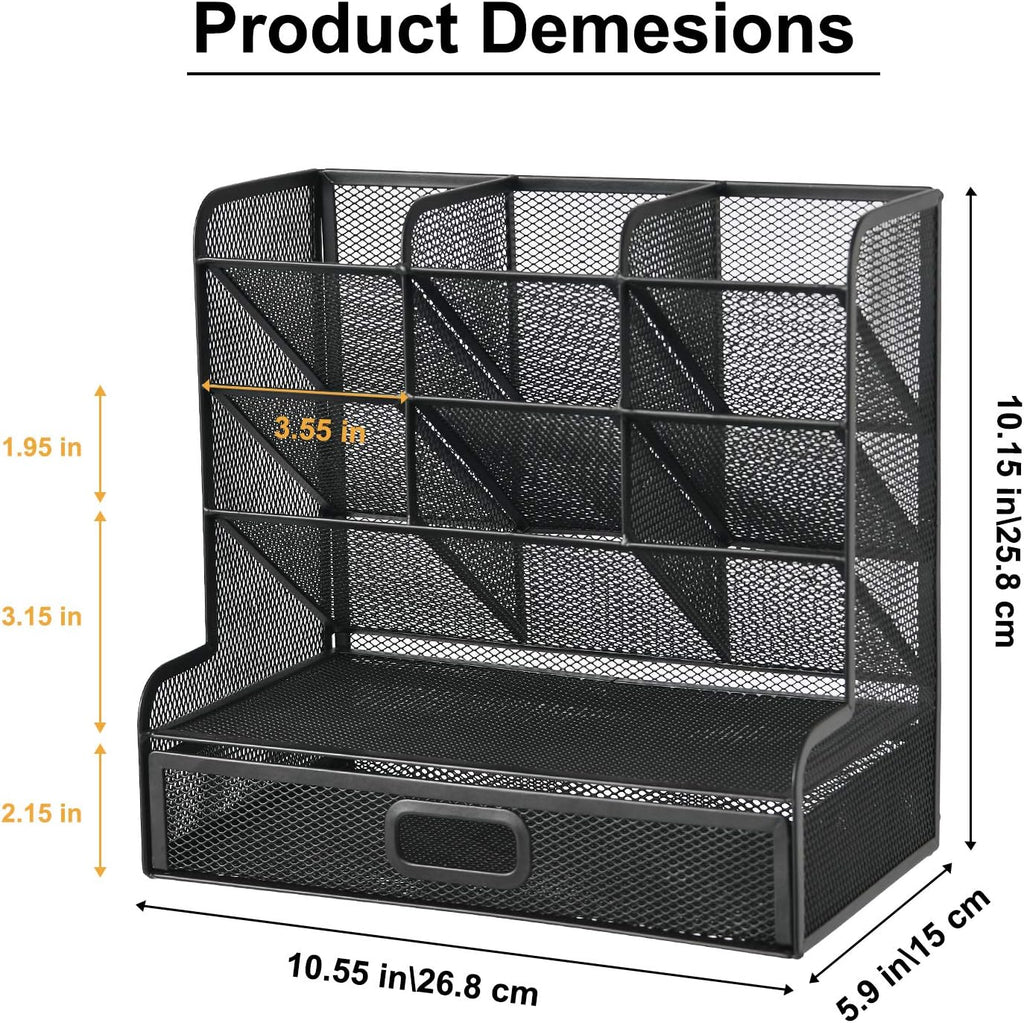 Mesh Pen Holder for Desk, Multi-Functional Pencil Organizer with Drawer, Desk Organizers and Accessories for Office Art Supplies (Large Black)