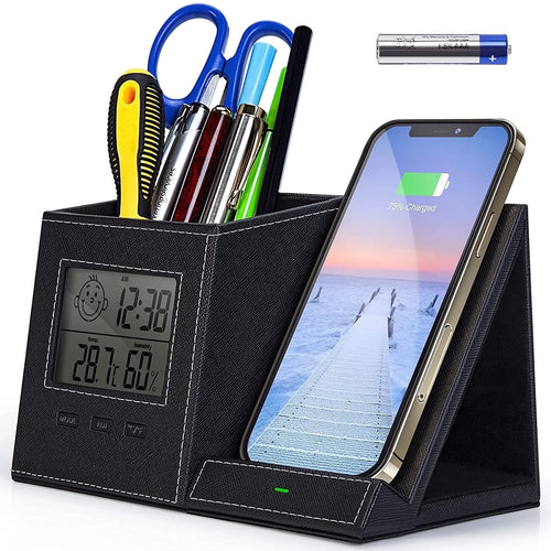 Desk Organizer with Wireless Charging for Iphone, PU Leather with Pencil Holder for Desk & Nightstand, 1 Pack