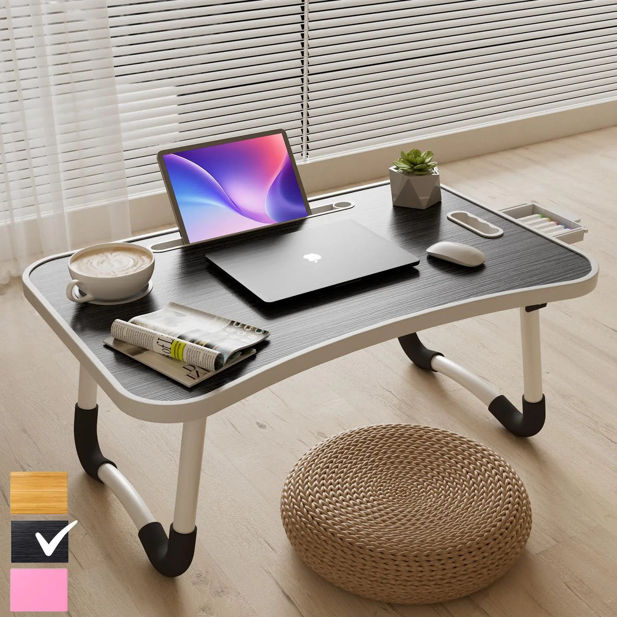 Folding Lap Desk 23.6" Multi Functional Study Furniture - Adjustable Height, 4 USB Charging Ports, Cup Holder, Drawer, Nonslip Slots, Carry Handle for Home, Office Use