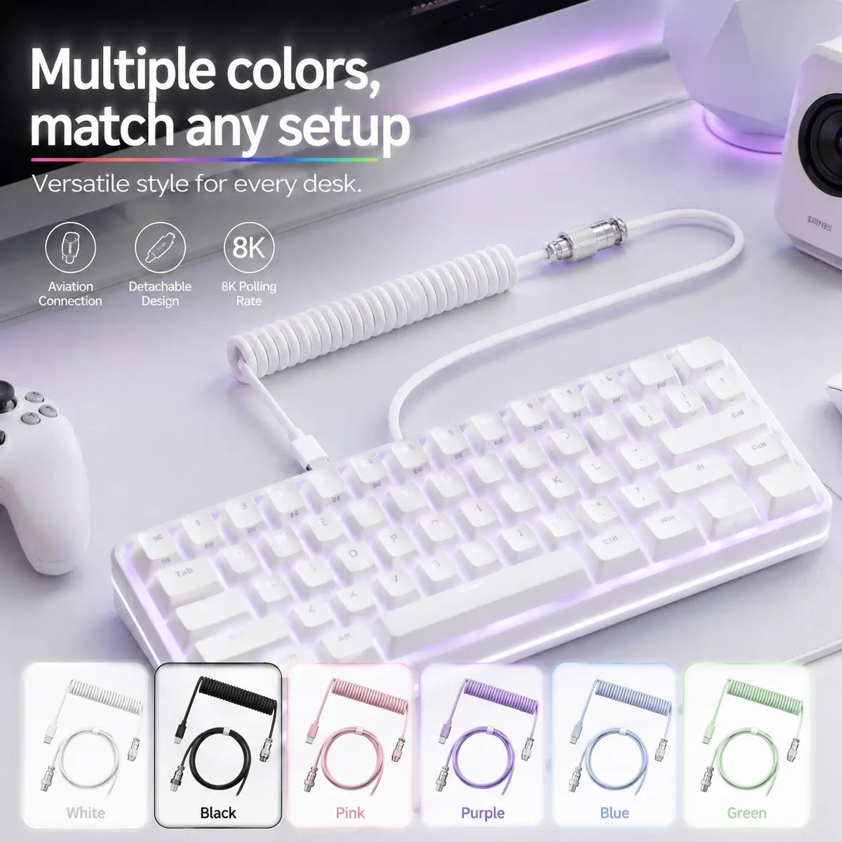 USB-C Gaming Cable High Speed，Usb-C Cable for Gaming Keyboard Coiled Aviator Cable for Mechanical Keyboard, USB-C Detachable Braided Cable, 8K Fast Response for Gaming Desk Setup