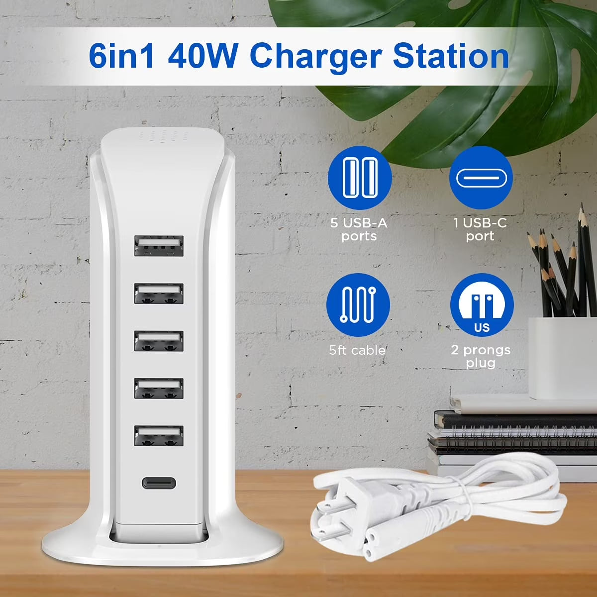 40W Charging Station for Multiple Devices, Fast Charging Blocks with 5 USB and 1 Type C Ports, USB Charging Hub Organizer for Iphone Ipad Tablets Smartphones, Home Office Use, White