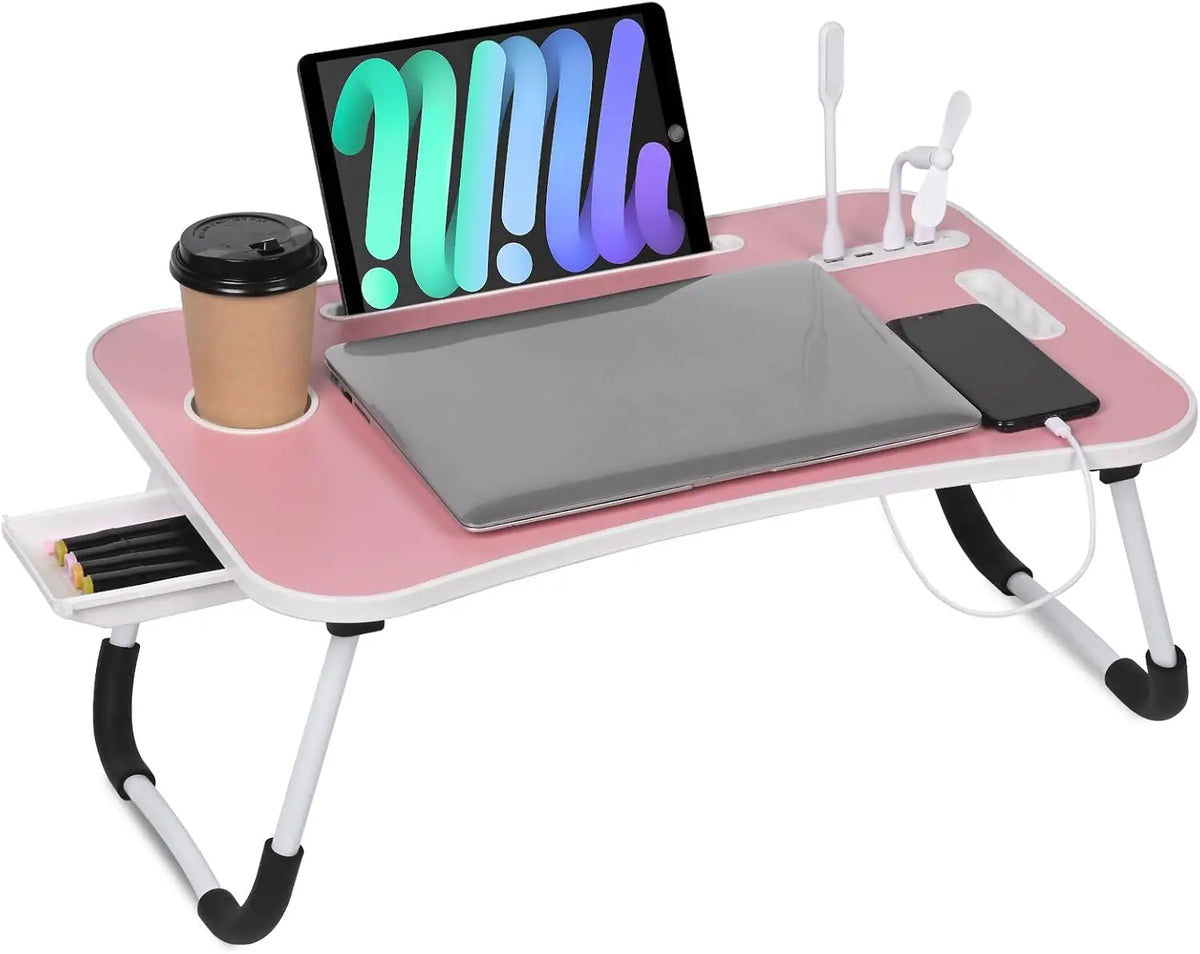 Folding Lap Desk 23.6" Multi Functional Study Furniture - Adjustable Height, 4 USB Charging Ports, Cup Holder, Drawer, Nonslip Slots, Carry Handle for Home, Office Use