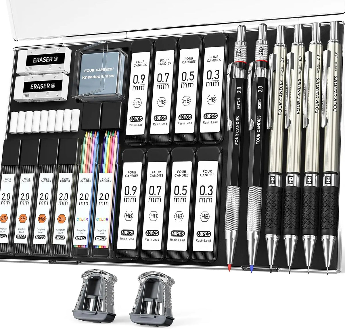 【Back to School Supplies】Four Candies 25PCS Art Mechanical Pencil Set with Case, 3PCS Metal Artist Lead Drafting Pencils 0.5, 0.7, 0.9 Mm & 3PCS 2Mm Holder (HB 2H 2B 4B Color) with 432PCS Graphite Lead Refills for Drawing Sketching Office School Supplies