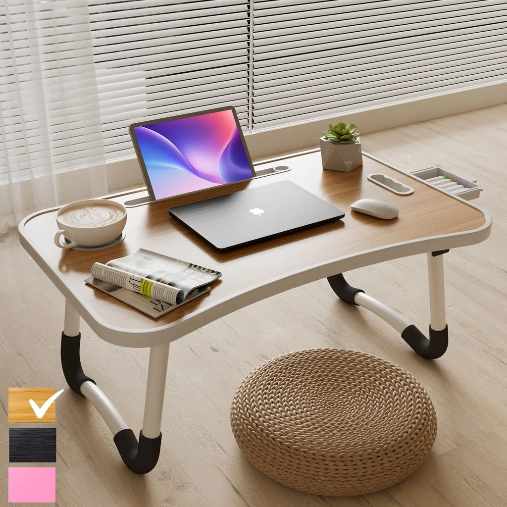 Folding Lap Desk 23.6" Multi Functional Study Furniture - Adjustable Height, 4 USB Charging Ports, Cup Holder, Drawer, Nonslip Slots, Carry Handle for Home, Office Use
