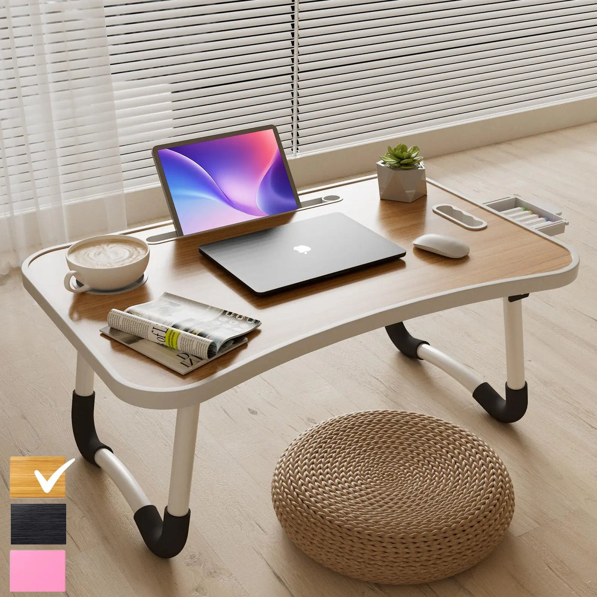 Folding Lap Desk 23.6" Multi Functional Study Furniture - Adjustable Height, 4 USB Charging Ports, Cup Holder, Drawer, Nonslip Slots, Carry Handle for Home, Office Use