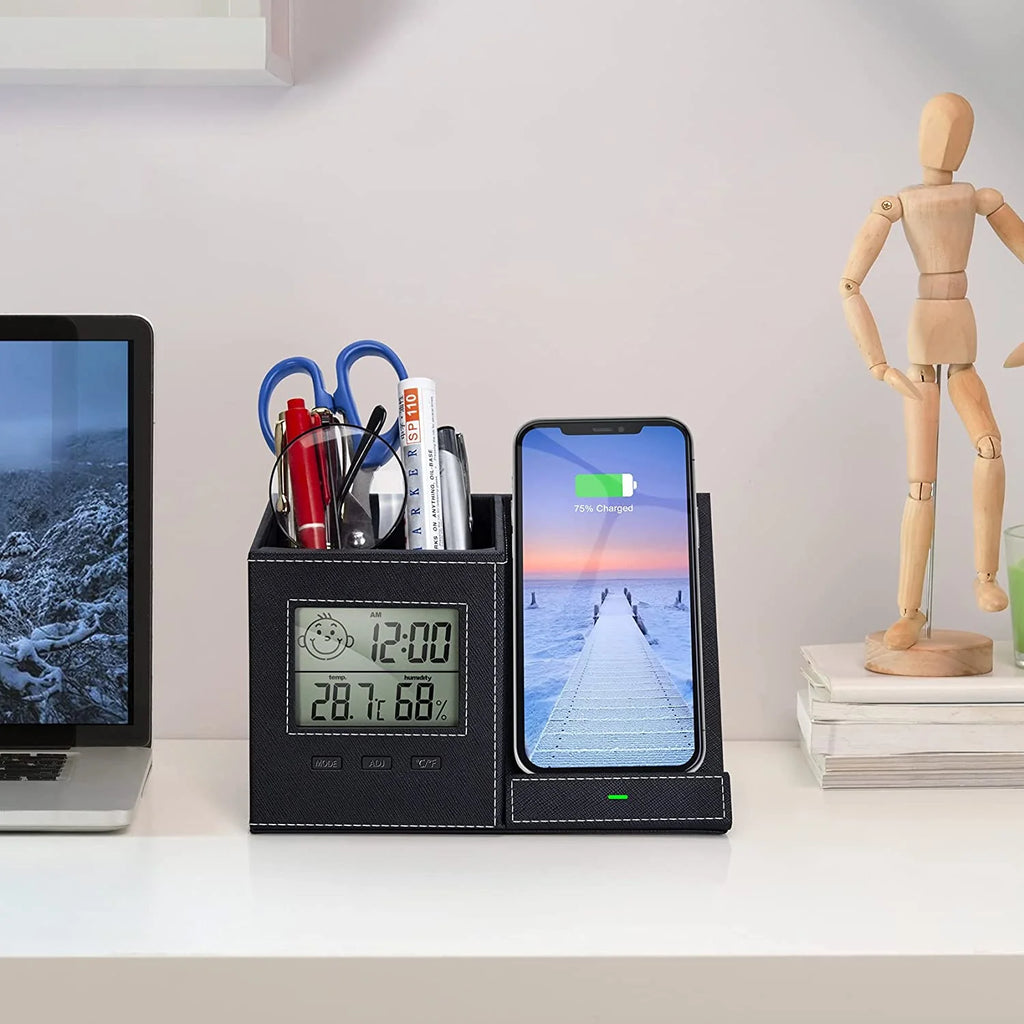 Desk Organizer with Wireless Charging for Iphone, PU Leather with Pencil Holder for Desk & Nightstand, 1 Pack