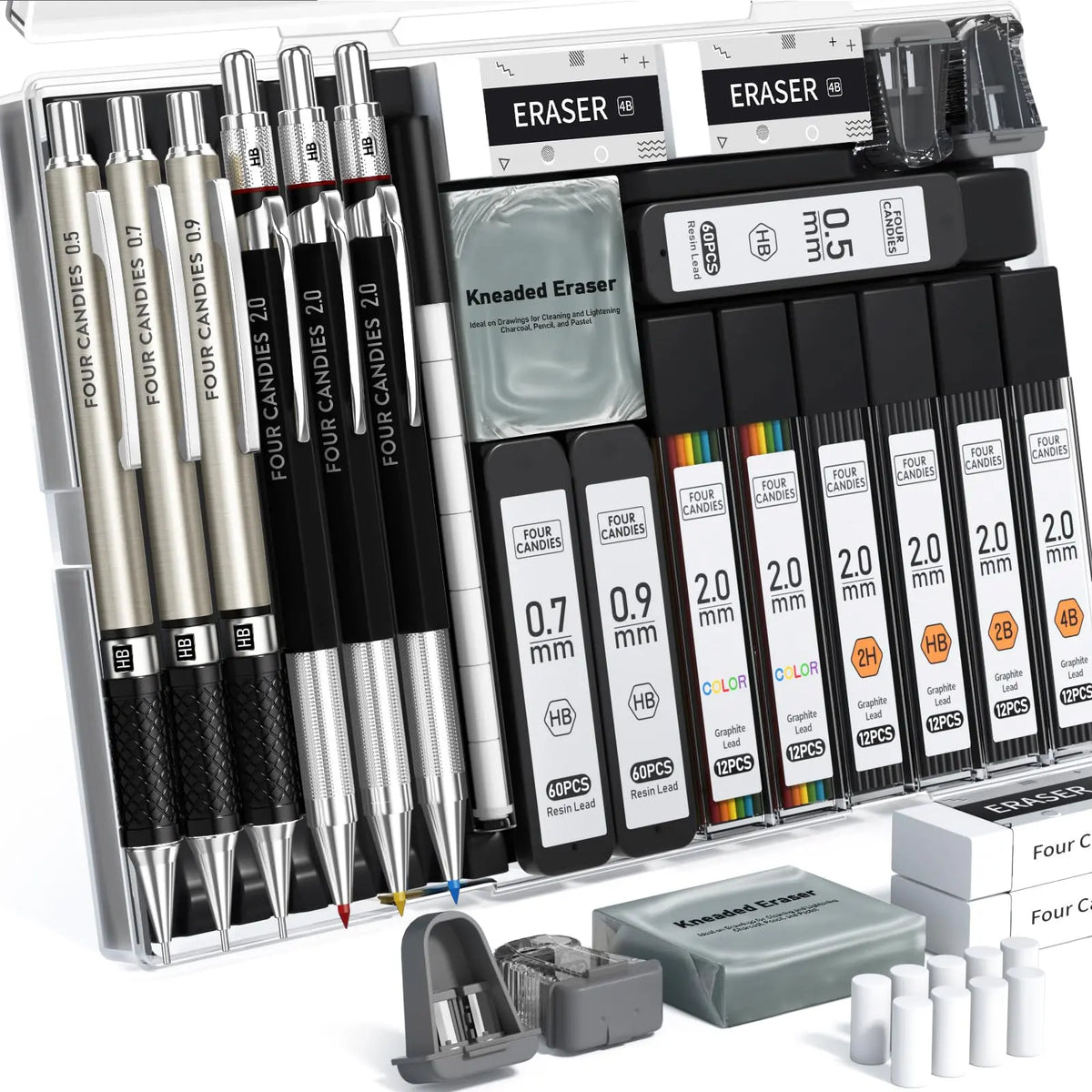 【Back to School Supplies】Four Candies 25PCS Art Mechanical Pencil Set with Case, 3PCS Metal Artist Lead Drafting Pencils 0.5, 0.7, 0.9 Mm & 3PCS 2Mm Holder (HB 2H 2B 4B Color) with 432PCS Graphite Lead Refills for Drawing Sketching Office School Supplies
